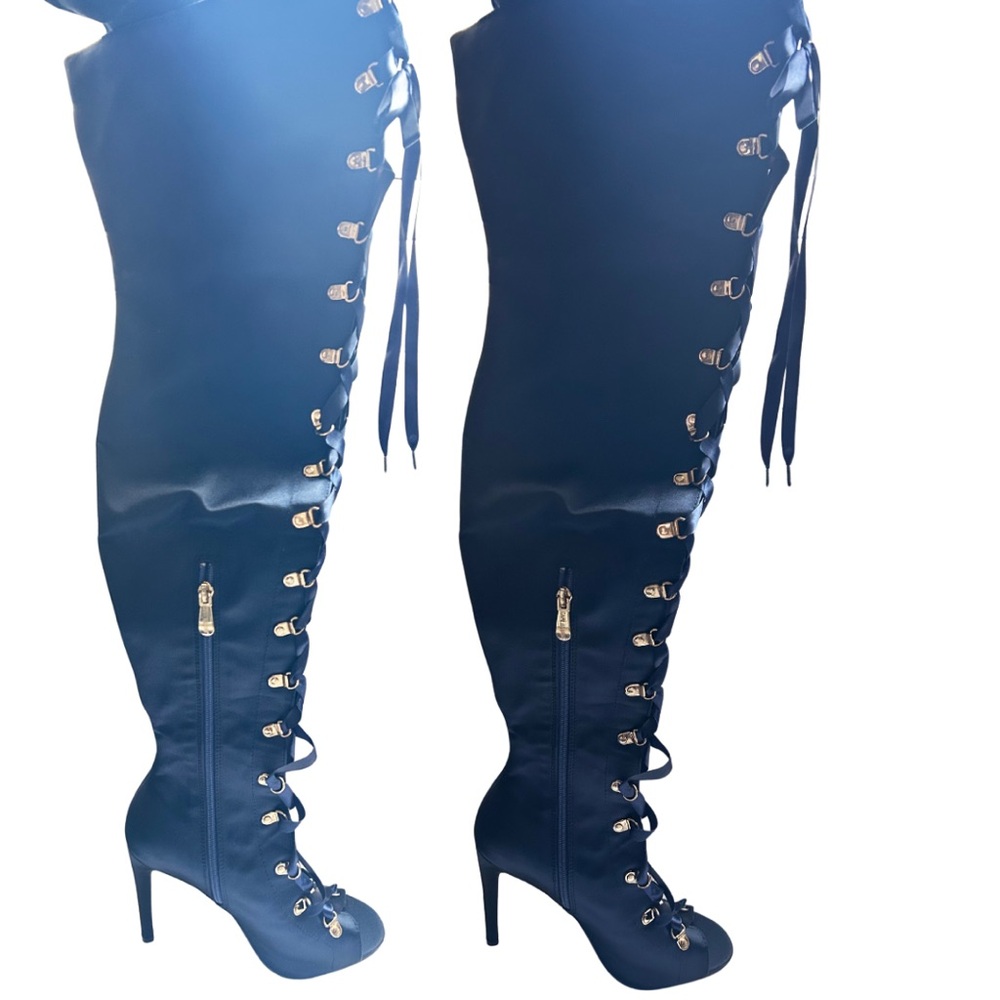 Cape Robbin Faux Silk Navy Lace-Up Over the Knee Boots- Never Worn